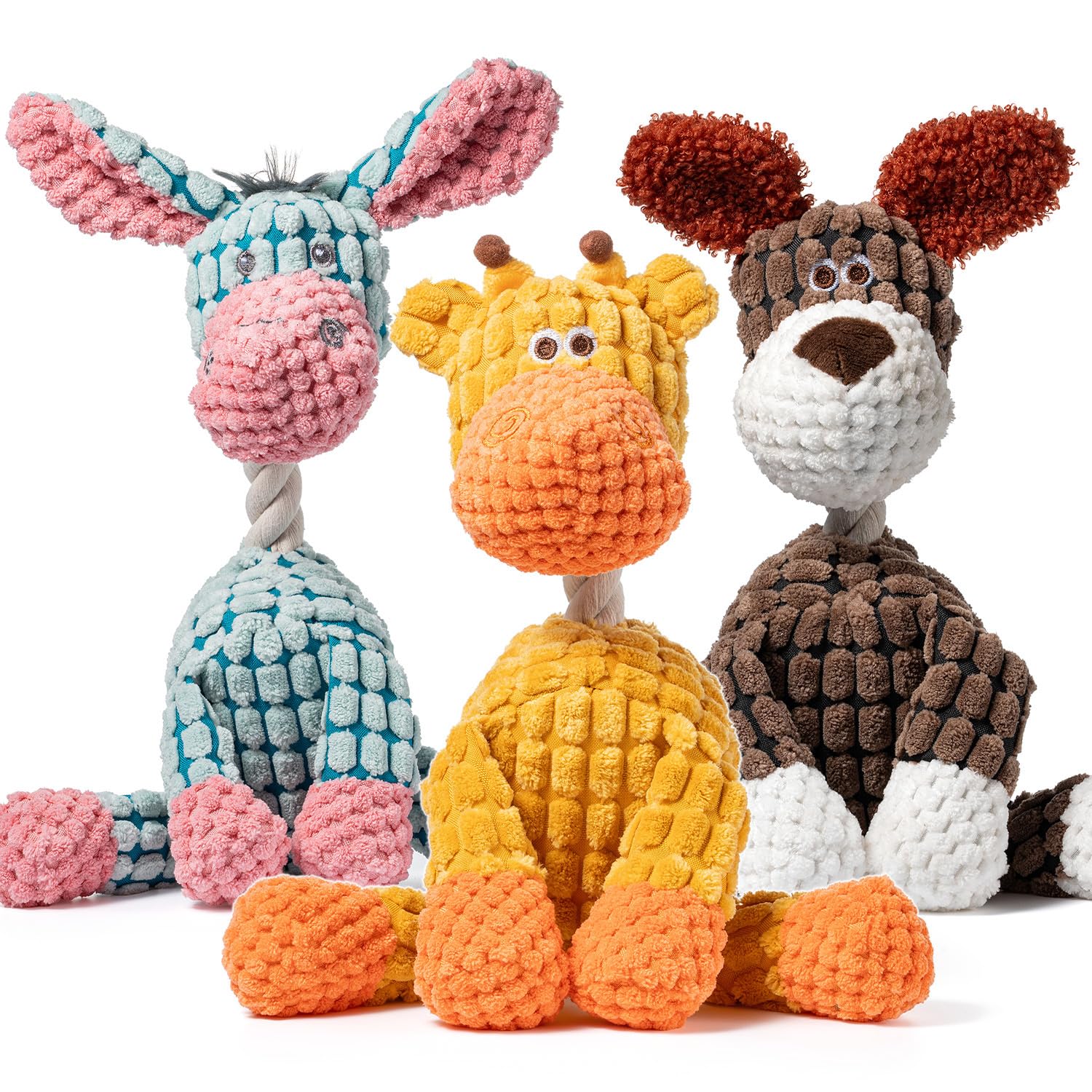 3 Pacote de brinquedos para cães Squeaky, durável, pelúcia para cachorros, brinquedos para mastigar, brinquedos fofos para cães pequenos, médios e grandes, costura reforçada, pacote de valor sortido com som de rangido para mantê-los ocupados