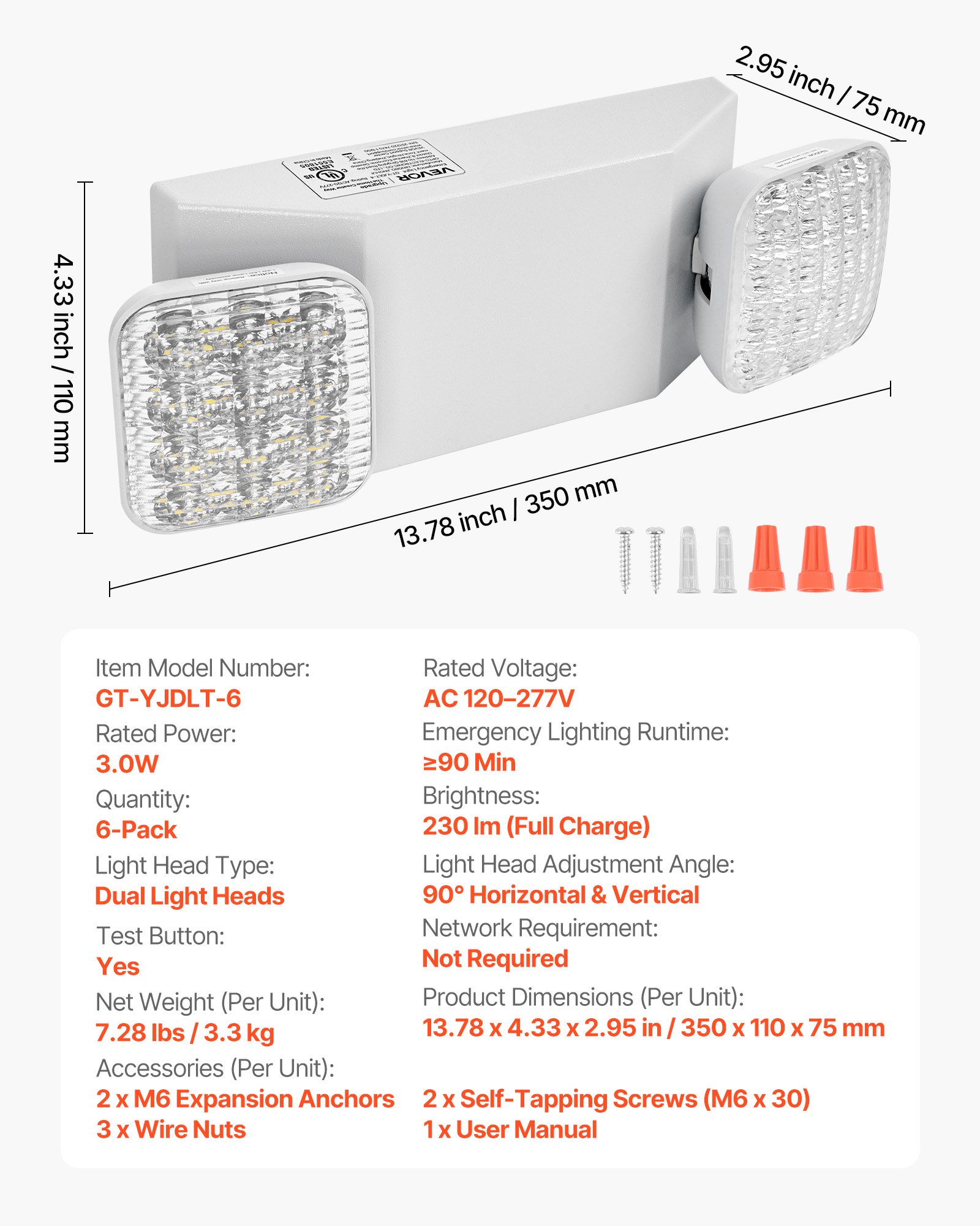 6 Pacote Luzes de Emergência Para Negócios, Com Bateria Backup, Luminárias de Saída de Emergência LED Comercial, AC 120/277V, Com Duas Cabeças Quadradas Ajustáveis, Backup de 90 Minutos, Para Negócios, Branco