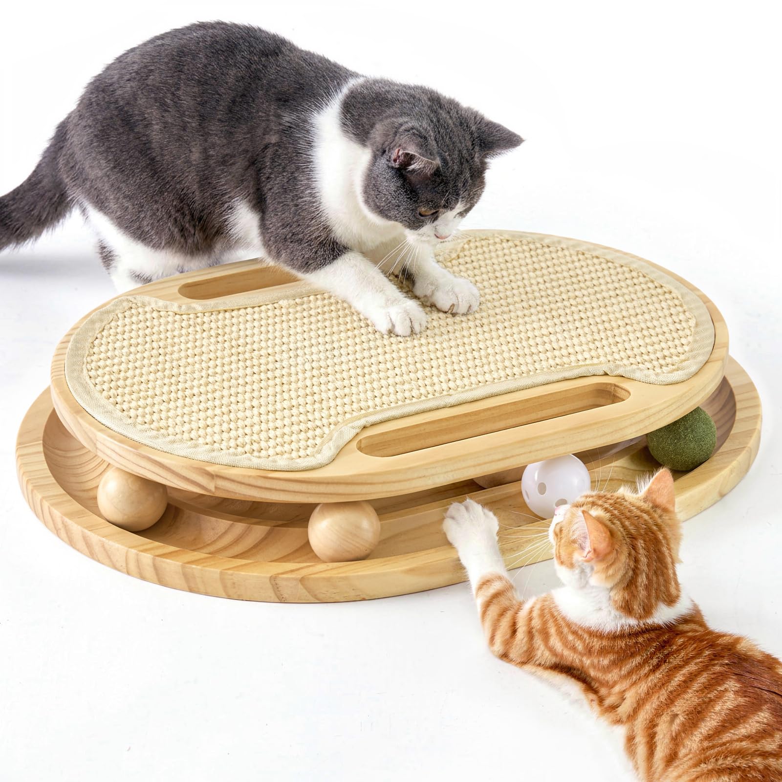 Arranhador para Gatos com Pista de Bolas — Tapete de Sisal em Madeira, Quebra-cabeça Interativo para Gatos Adultos e Filhotes