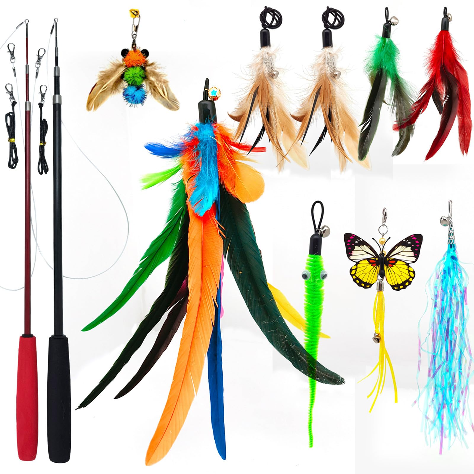 Kit 2 Varinhas Retráteis para Gato + 9 Refil de Penas — Hastes Telescópicas Dupla Tamanho, Acessórios Da Bird com Guizo