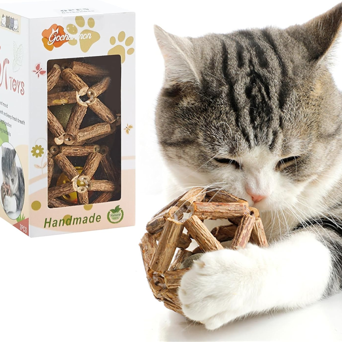 Bastão Natural Silvervine com Bolinha Catnip e Guizo — Higiene Dental para Gatos