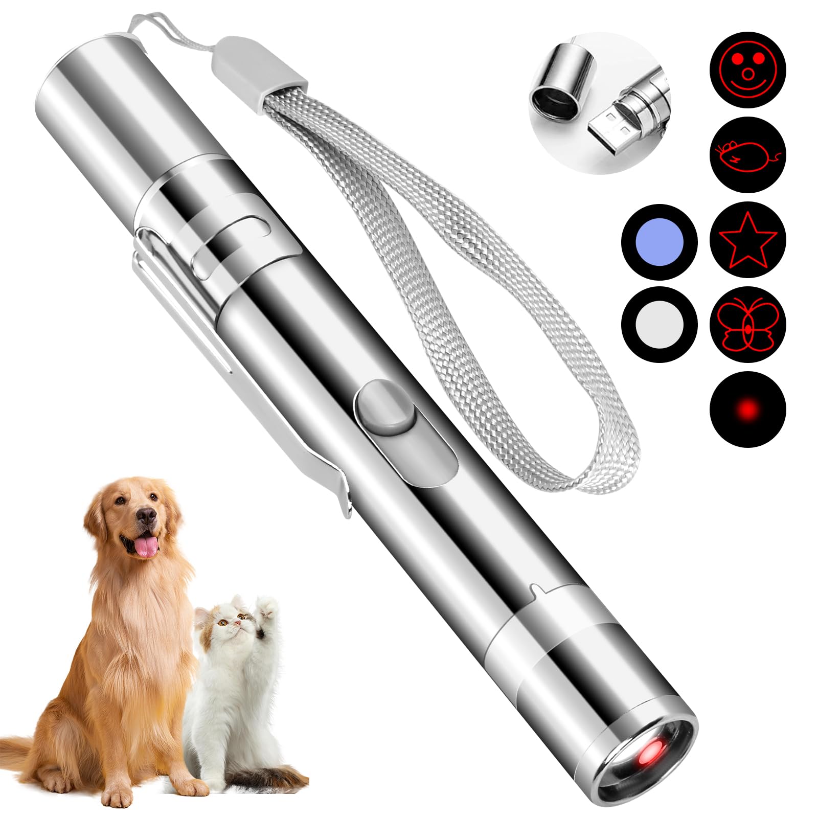 Brinquedo para Gatos Recarregável USB, 3 Modos de Luz, 5 Padrões