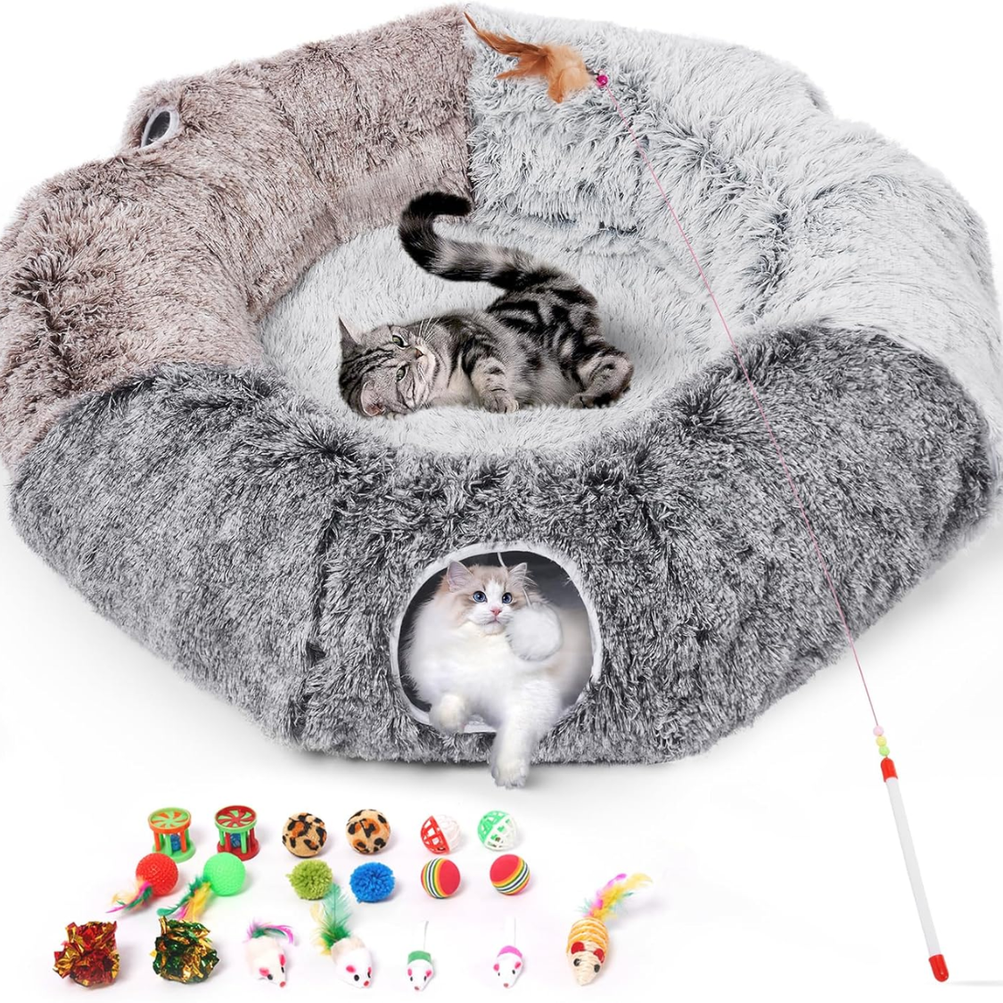 Túnel Donut Grande para Gatos — Cama Aconchegante com Toca Destacável e Kit com 20 Brinquedos
